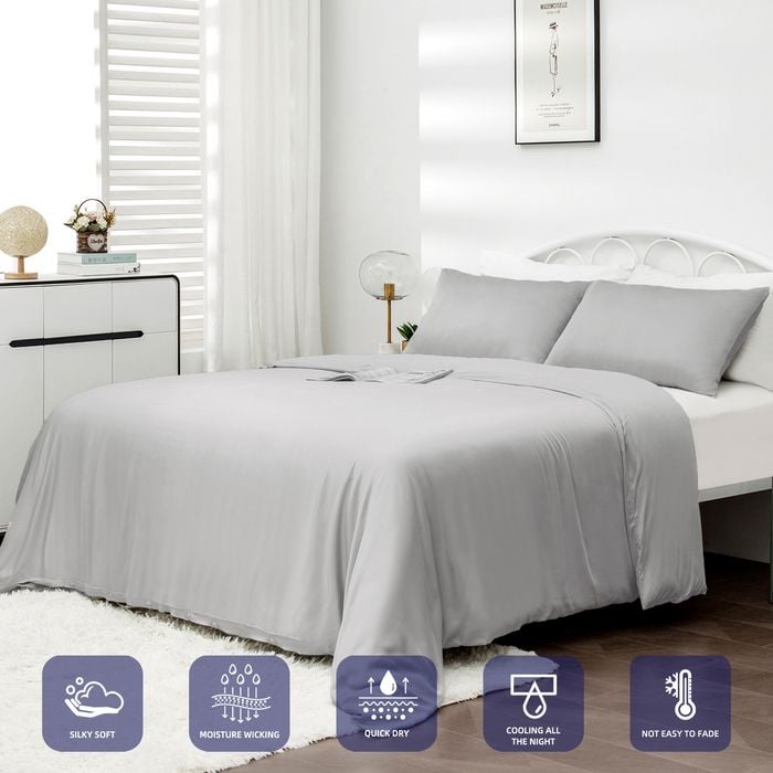 LINENOVA 100% Organic Bamboo Quilt Cover Set - Queen,Silver