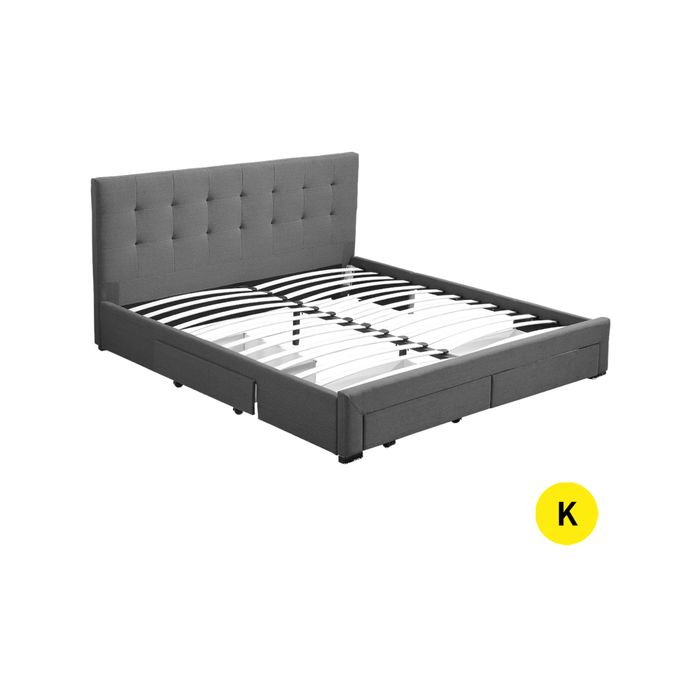 Levede Bed Frame Fabric With Drawers Storage Wooden Grey  - King