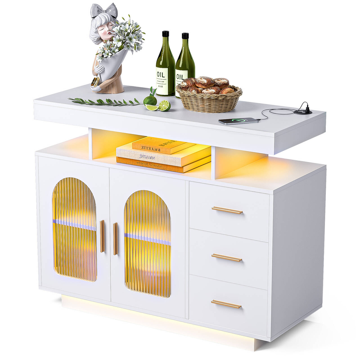 Advwin Buffet Sideboard Cabinet With RGB LED Light and Charging Station ...
