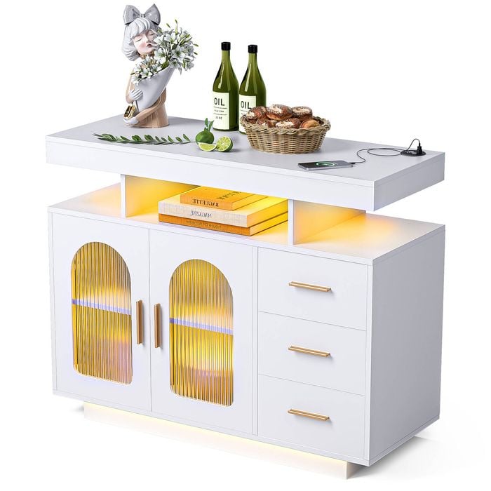 Advwin Buffet Sideboard Cabinet With RGB LED Light and Charging Station Console Coffee Bar  White