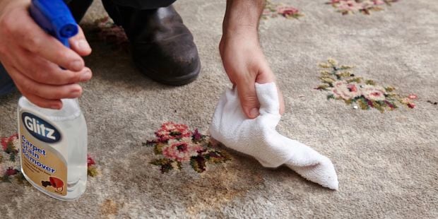 Using spray to clean stain from carpet.