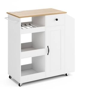 Advwin Kitchen Island Cart on Wheels with Charging Station Wine Rack White