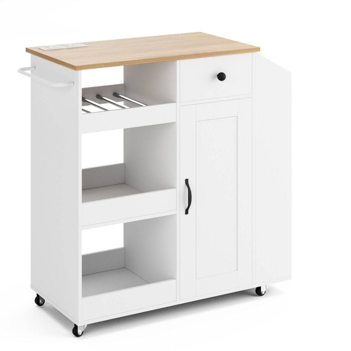 Advwin Kitchen Island Cart on Wheels with Charging Station Wine Rack White