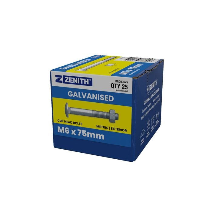 ZENITH M6 x 75mm Hot Dip Galvanised Cup Head Bolts & Nuts - 25 Pack