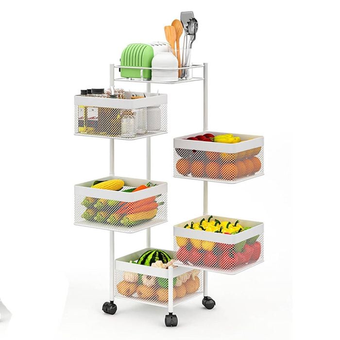 Catzon 5-Tier Rotating Fruit Basket on Rolling Wheels for Kitchen Bathroom-White