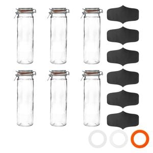 Argon Tableware 3x Glass Spaghetti Jar & Labels Set - 2l/70.3oz 4 Colour Seals Airtight Kitchen Storage Container Preserving Jar