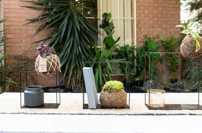 Finished kokedama plant hangers on an outside table
