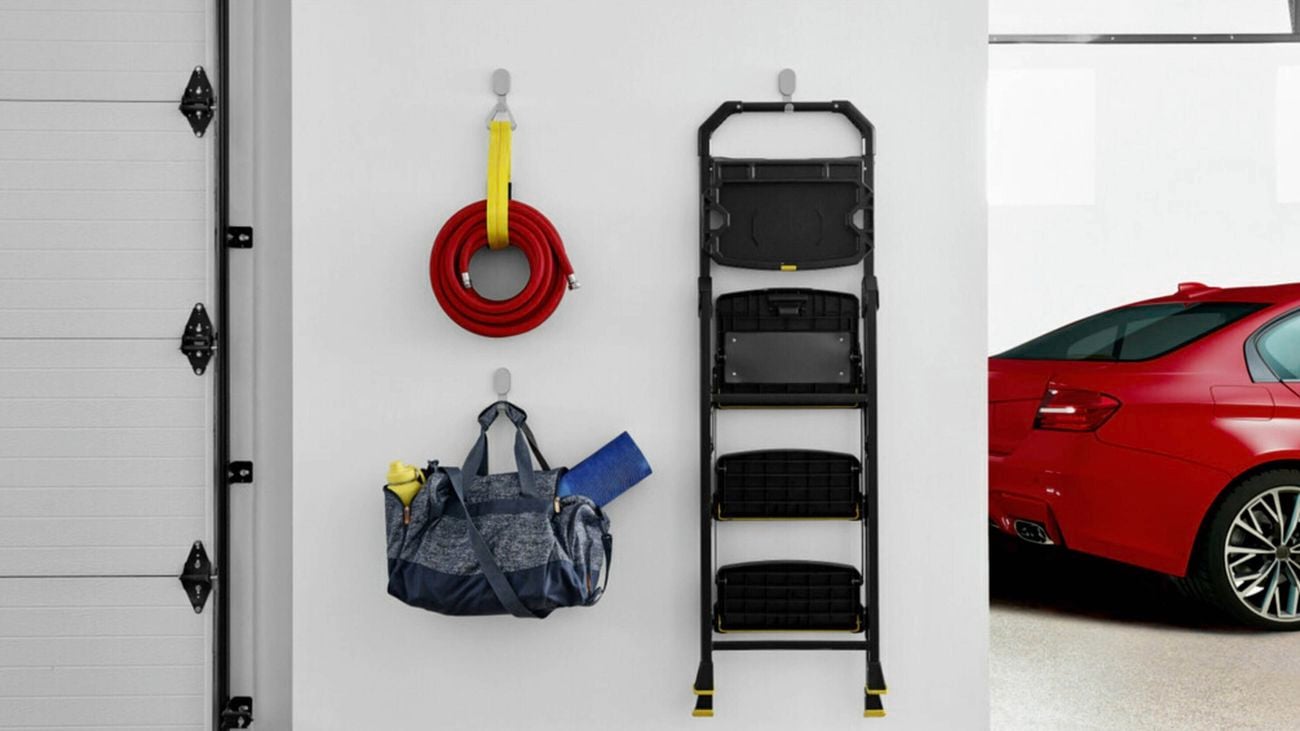 garage with vertical storage using 3M heavy-duty wall hooks