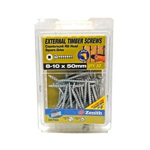 Zenith 8 - 10 x 50mm Galvanised Square Drive Countersunk Ribbed Head Timber Screws - 50 Pack
