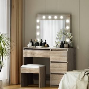 Dressing Table with Mirror Lights, LED Mirror Makeup Stool Set Wooden Vanity Desk Tables, 4 Drawers Shelves Wide Tabletop, Wood