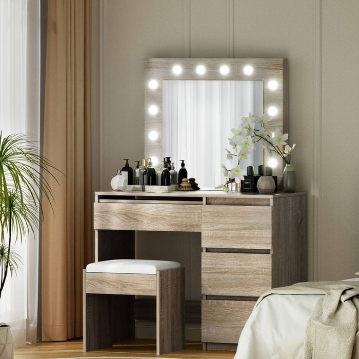 Dressing Table with Mirror Lights, LED Mirror Makeup Stool Set Wooden Vanity Desk Tables, 4 Drawers Shelves Wide Tabletop, Wood