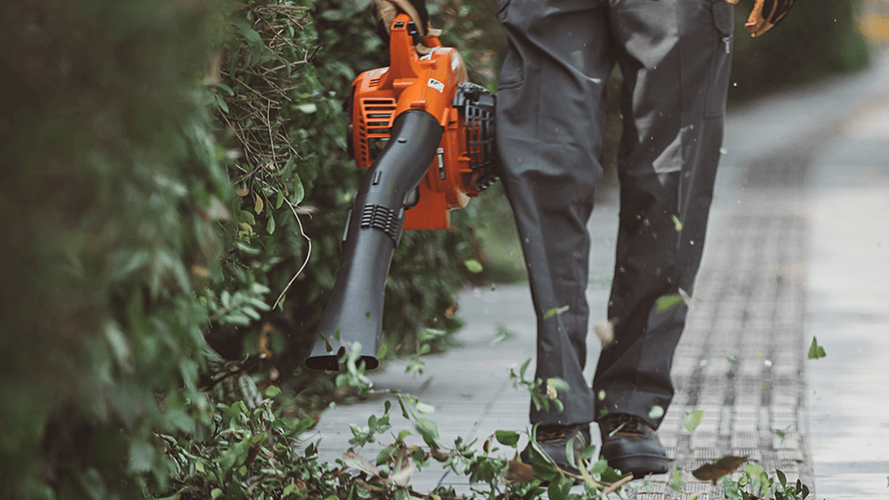 A person clearing a walkway with an Echo leafblower