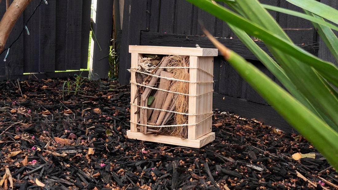 Four pieces of timber stuck together as a square and filled with bark and sticks, wrapped in twine