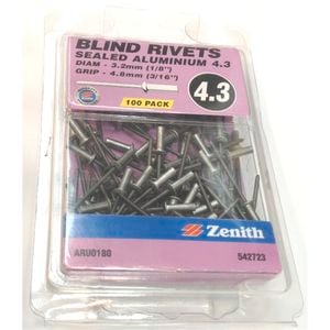 Zenith Blind Rivet Sealed Alum 1/8"D x 3/16"G 100pk