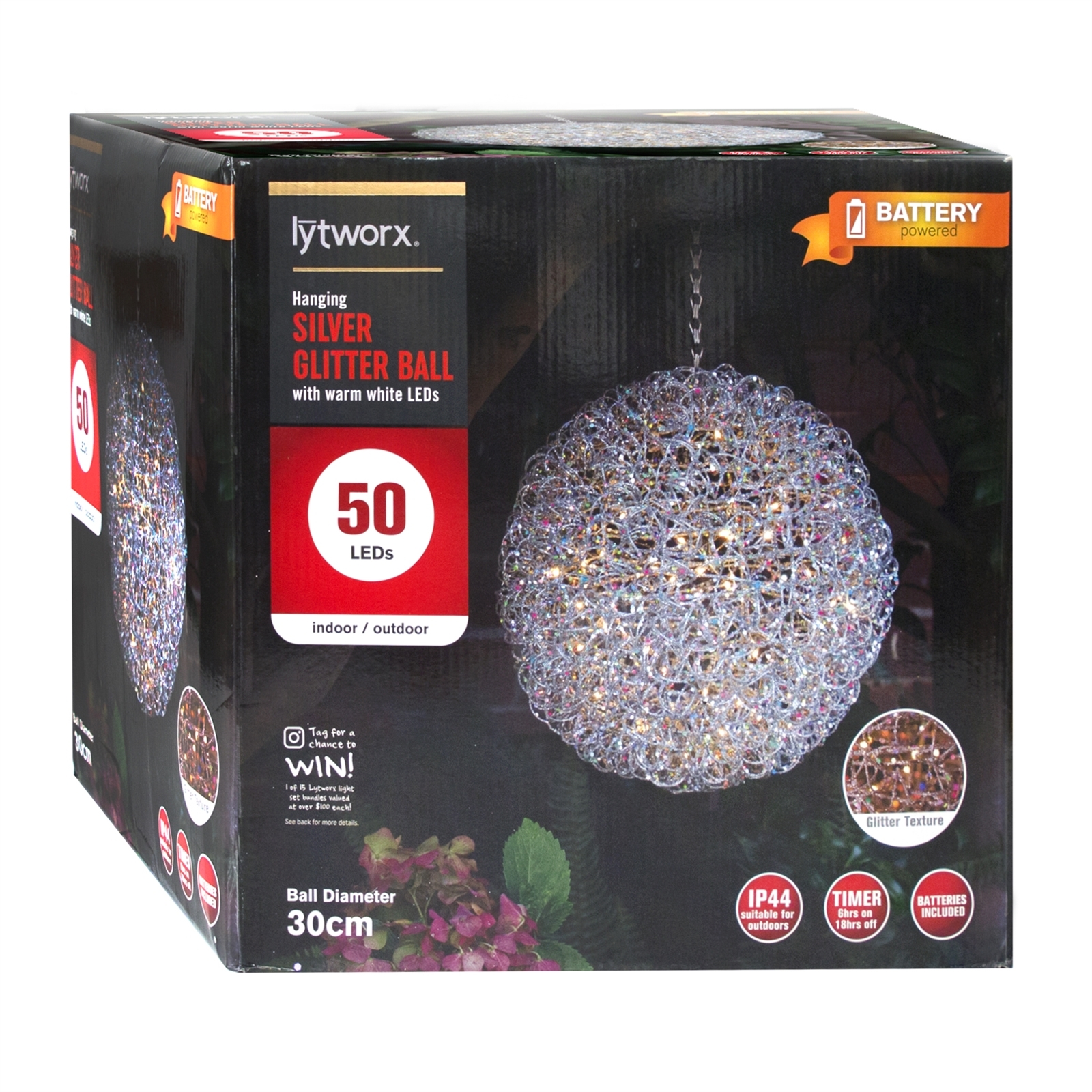 Lytworx 30cm Warm White Battery Operated Hanging Silver Glitter Ball Light product image