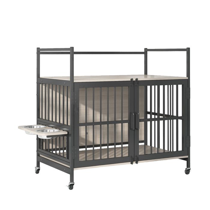 Advwin Heavy Duty  Dog Crate Furniture, Wooden Dog Cage End Table with Height Adjustable Feeder