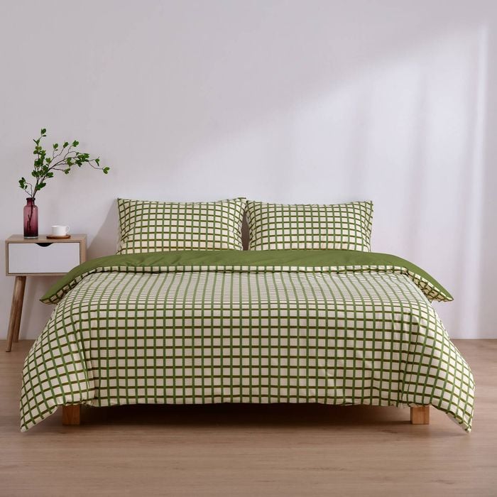 Dreamaker Micro Flannel Reversible Grid Quilt Cover Set Olive Super King Bed