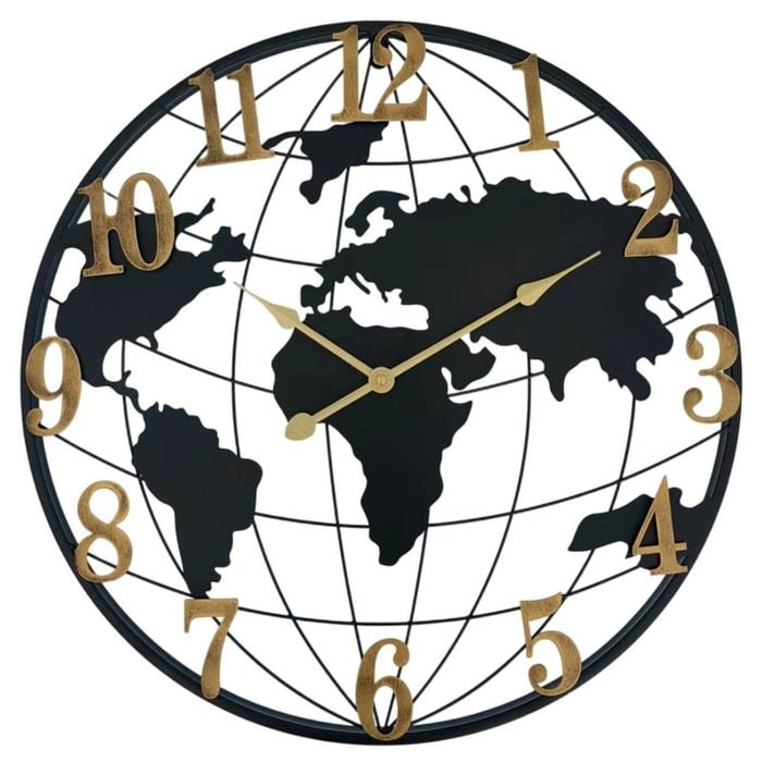 Salesbay 60cm World Map Wall Clock Silent Metal Globe Design Home Office Decor