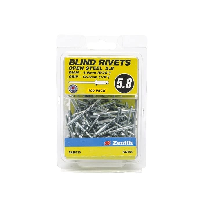Zenith Blind Rivet Open Steel 5/32"D x 1/2"G 100pk