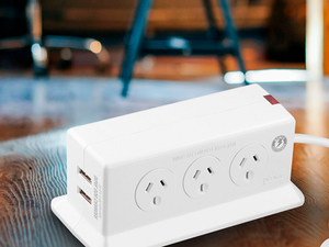 Socket desktop power board with twin USB charging outlets.