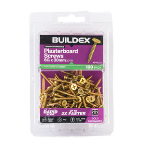 Buildex 6G x 30mm Gold Passivated Plasterboard Screws (Dual Type-17 Tip) - 100 Pack