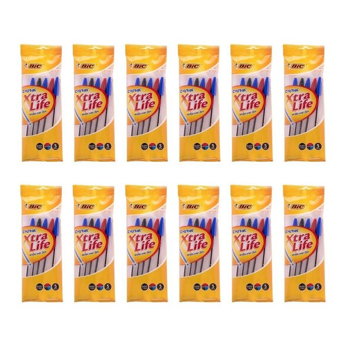 12pk 5pc Bic Cristal Xtra Life Ballpoint 1mm Writing Ballpen School Stationery