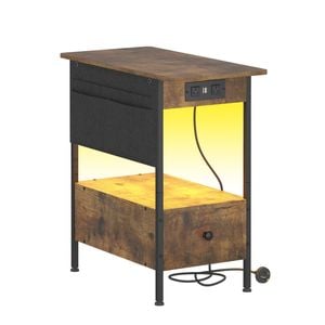 Ufurniture Narrow Side Table LED Bedside Table with Drawer Night Stand Sofa End Table, Walnut and Black