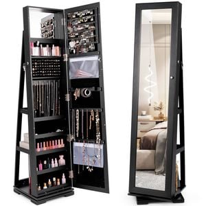 Costway Rotating Jewellery Cabinet Lockable Makeup Storage Organiser W/full-length Mirror Black