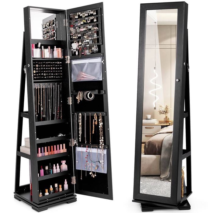 Costway Rotating Jewellery Cabinet Lockable Makeup Storage Organiser W/full-length Mirror Black