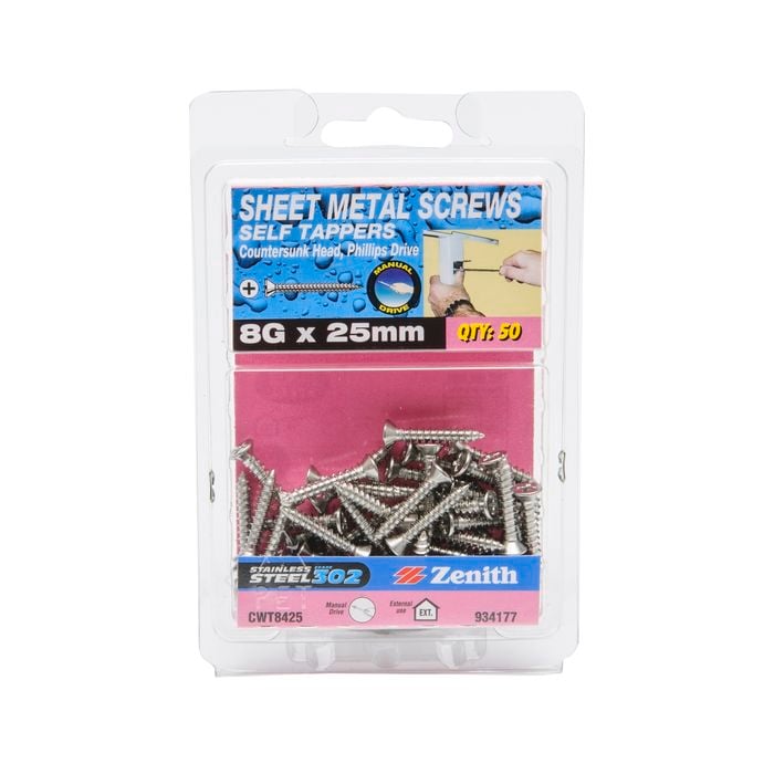 Zenith 8G x 25mm Stainless Steel Countersunk Head Sheet Metal Screws - 50 Pack