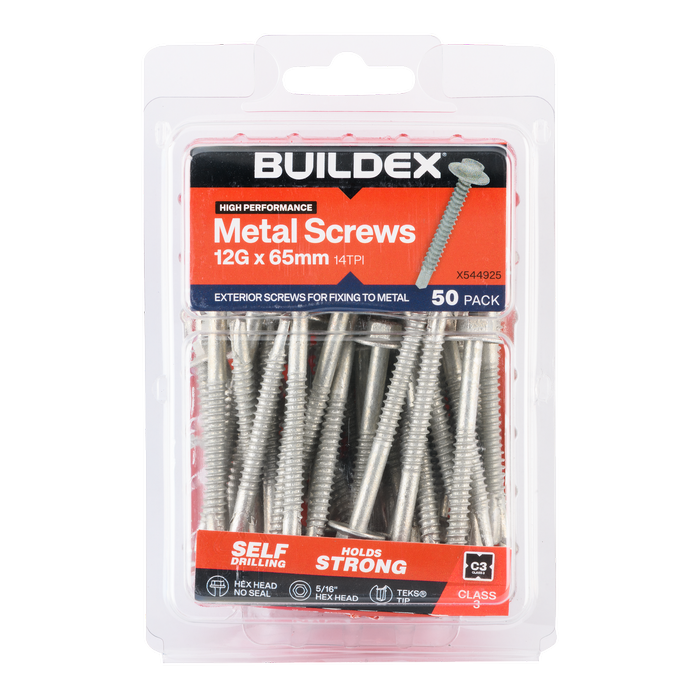 Buildex 12G x 65mm Class 3 Cladding & Fencing TEKS® Screws - 50 Pack
