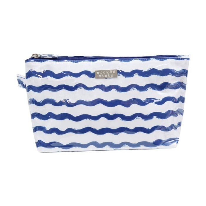 Wicked Sista Wavy Stripe Large Luxe Cosmtic Waterproof Makeup Bag Blue