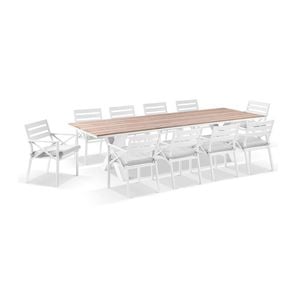 Kansas 3m Outdoor Teak Timber And Aluminium Dining Table White With 10 Chairs & Textured Olefin Grey Cushions