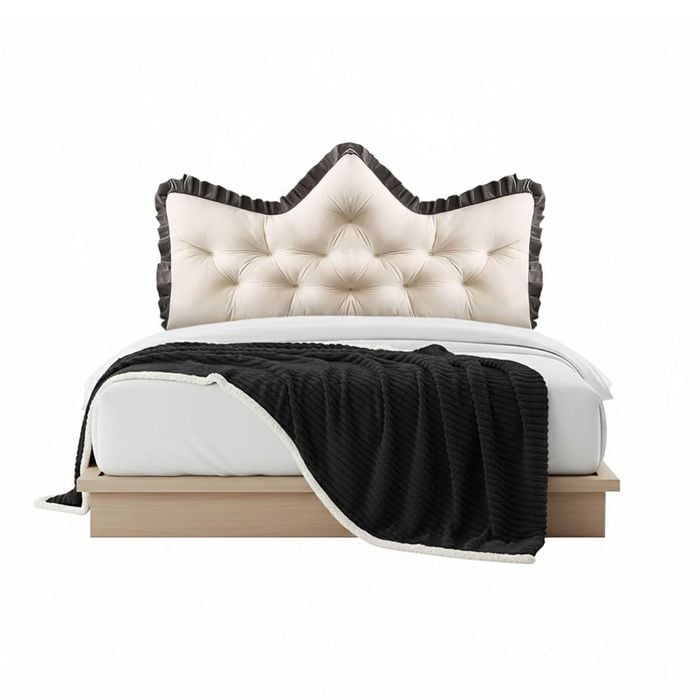 SOGA Home & Living Bundle – Cream Tufted Crown Pillow & Black Cozy Flannel Throw Blanket