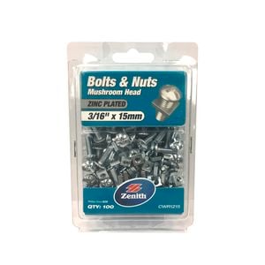 Zenith 3/16"x 15mm Zinc Plated Mushroom Head Bolts and Nuts - 100 Pack