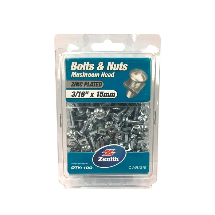 Zenith 3/16"x 15mm Zinc Plated Mushroom Head Bolts and Nuts - 100 Pack