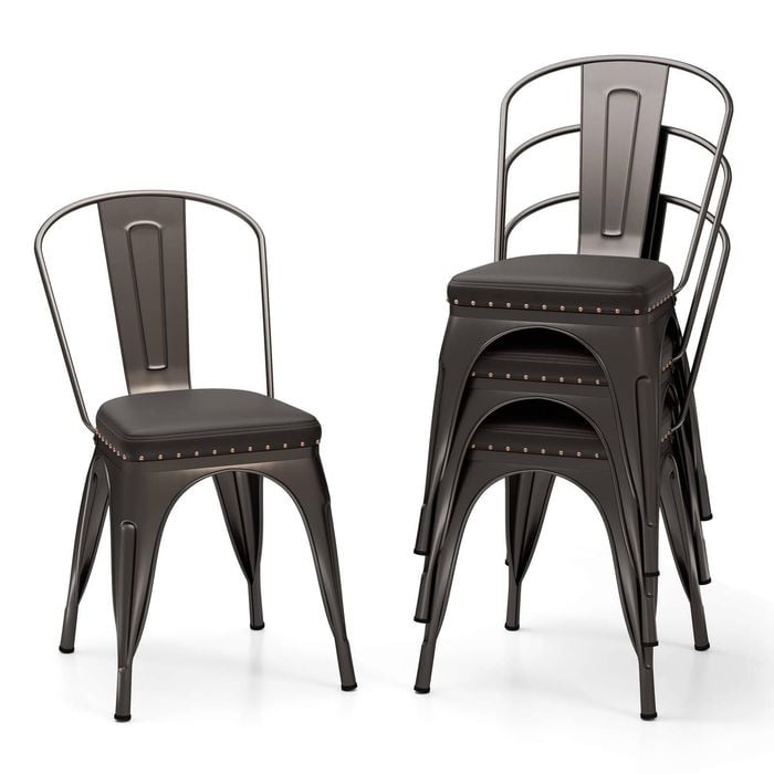 Costway 4pcs Metal Dining Chairs Stackable Kitchen Chair Cushioned Seat Grey