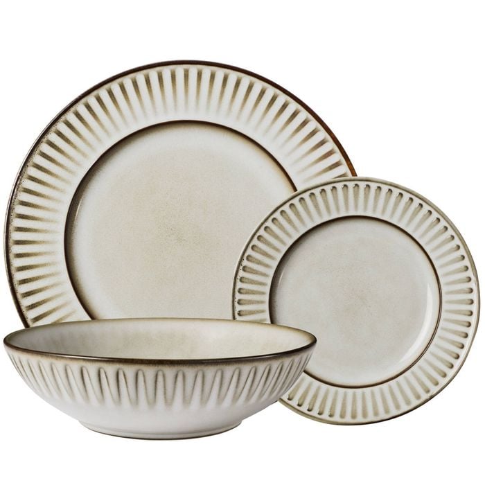 12pc Casa Domani Porcelain Leros Rim Dinner Set W/ Dinner, Side Plates & Bowls