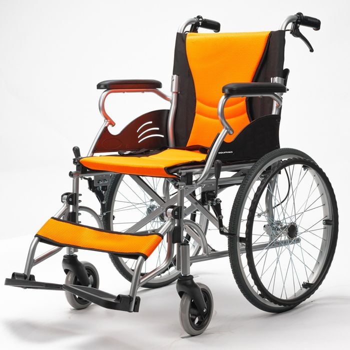EQUIPMED Folding Aluminium Wheelchair, 20 Inch Wheels, Park Brakes, 100kg Capacity, Orange