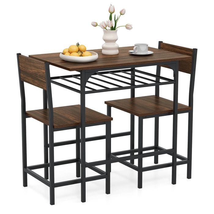 Costway 3pcs Rectangular Kitchen Dining Table Chair Set W/metal Frame Brown