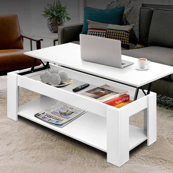 Homfurn Lift Top Coffee Table – Hidden Compartment & Lower Shelf, 45kg Capacity, Anti-scratch Pads, White