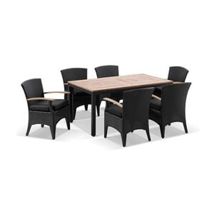 Sahara 6 Seater Teak Top Table Charcoal With Kai Outdoor Wicker Chairs & Denim Grey Cushions