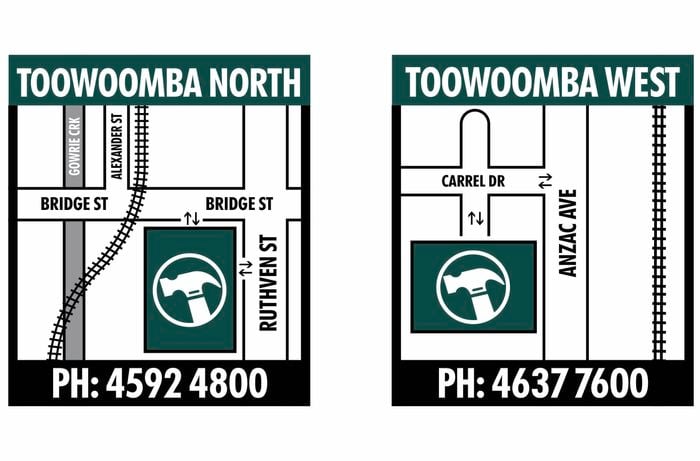 A simplified map showing the Toowoomba North trade centre location near Bridge Street and Ruthven Street. The map includes nearby streets such as Gowrie Creek, Alexander Street, and a railway line curving across the left side. A hammer icon marks the trade centre’s position. Text at the top reads ‘Toowoomba North’ and at the bottom displays the phone number: 4592 4800