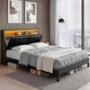 Homfurn Double Bed Frame With Led Lighting – Storage Headboard, Charging Station, 300kg Capacity, Black
