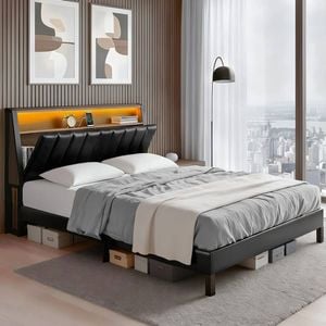 Homfurn Double Bed Frame With Led Lighting – Storage Headboard, Charging Station, 300kg Capacity, Black