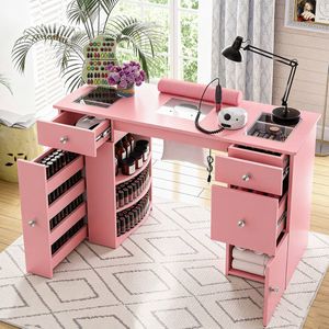 Ufurniture Manicure Table Acetone Resistant  Nail Desk with Dust Collector Glass Tabletop Pink
