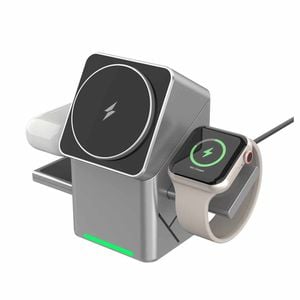 3-in-1 Magnetic Wireless Charger – 180° Motorized Rotation FOD Protection Charges Phone/Earphones/Watch ﻿