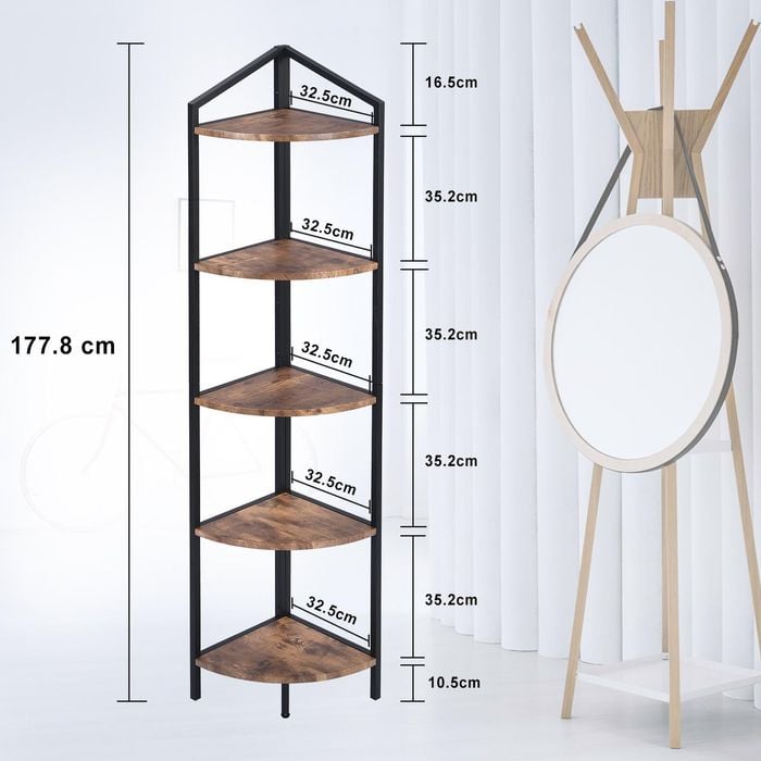 HOMFURN Corner Shelving Unit 5 Tier Industrial Corner Bookshelf Corner Ladder Shelf Rustic Brown Bunnings Australia