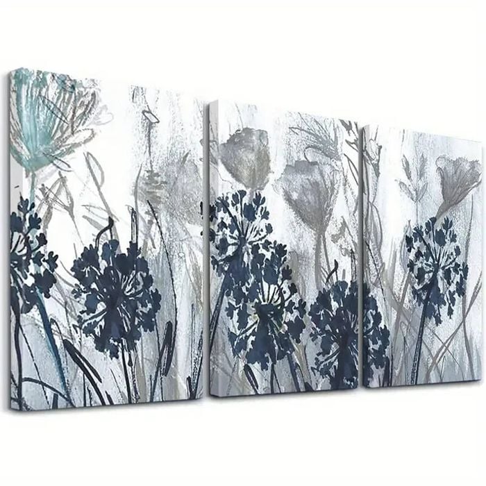 3pcs Blue Floral  Print 100% Australian Made 3 x 60x90cm  (Stretched)