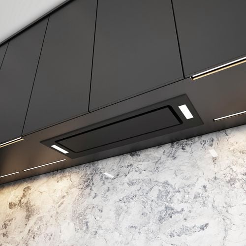 Black undermount seamless rangehood with marble look splashback